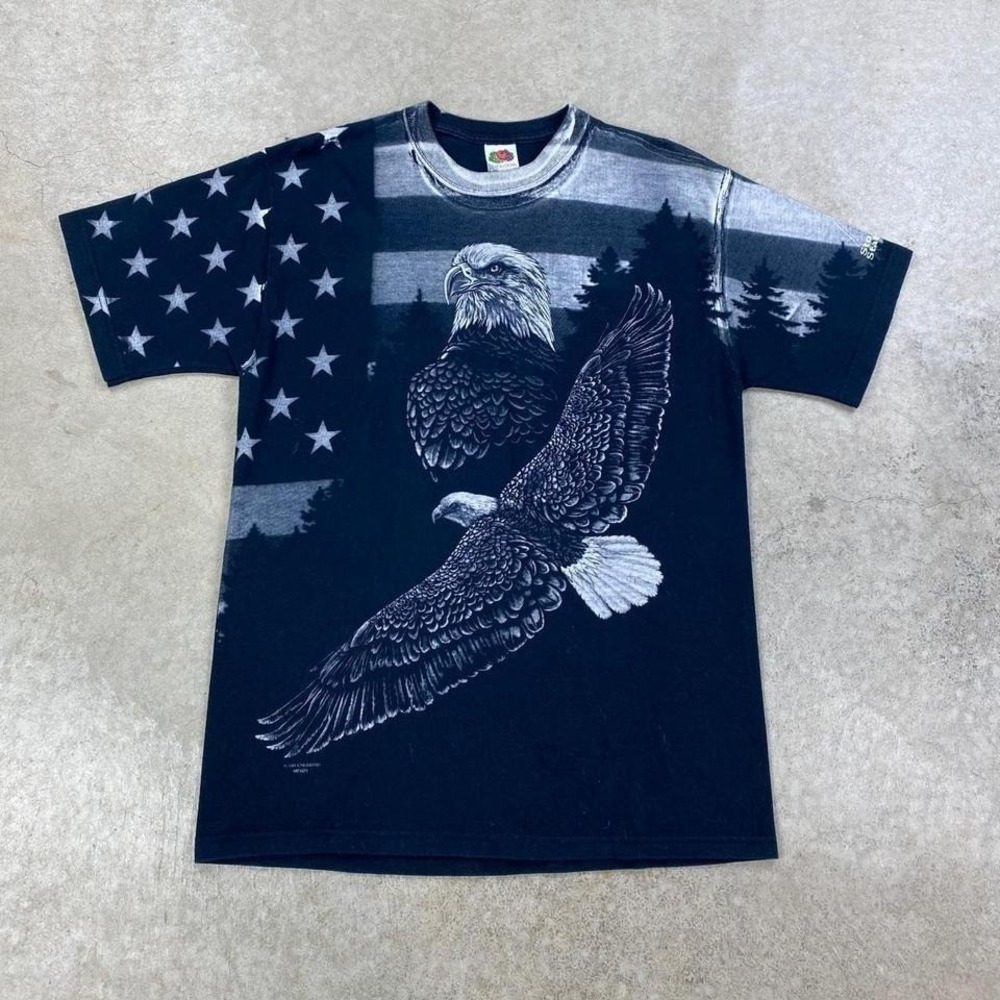 Vintage 90s Bald Eagle Shirt Size Medium Black Nature Animal All Over Print